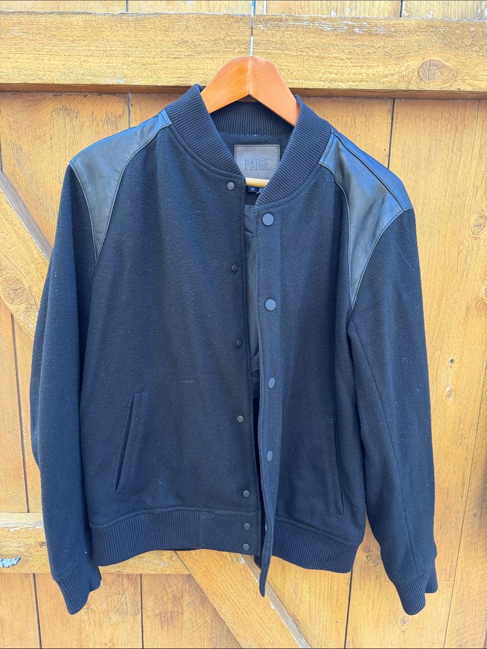 PAIGE Men's Black Wool Bomber Jacket with Leather Shoulders - Size M
